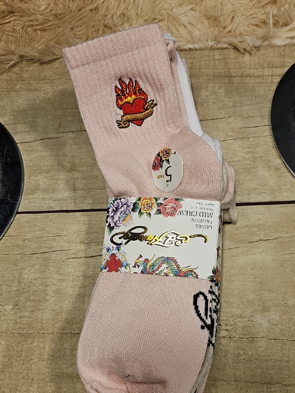 Ed Hardy Pink Crew Socks with Embroidered Flaming Heart